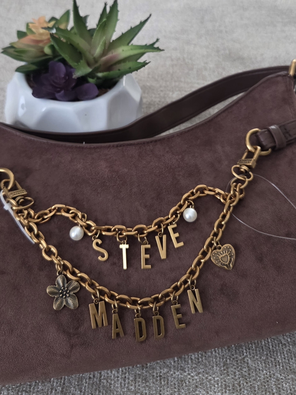 Steve Madden Brown Suede Shoulder Bag with Gold Charm Chain